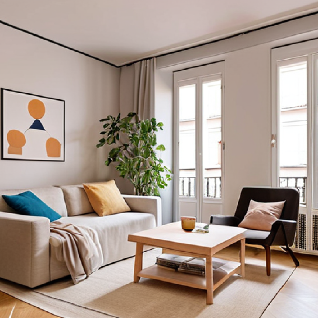 **A cozy, minimalist apartment in Madrid with multifunctional furniture, designed for young professionals and students, optimizing space with a modern aesthetic.**