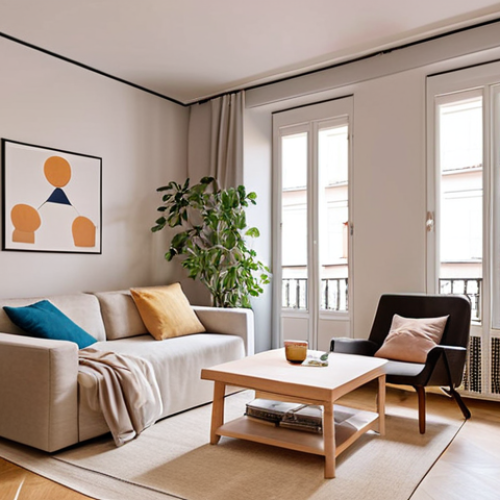 **A cozy, minimalist apartment in Madrid with multifunctional furniture, designed for young professionals and students, optimizing space with a modern aesthetic.**
