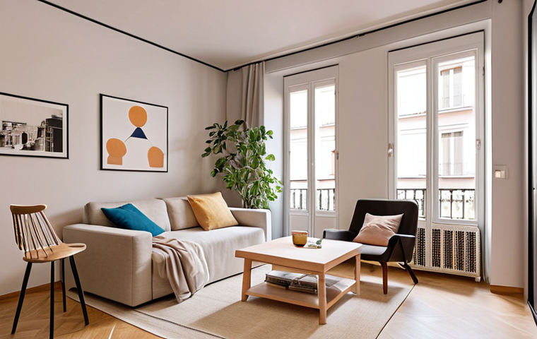 **A cozy, minimalist apartment in Madrid with multifunctional furniture, designed for young professionals and students, optimizing space with a modern aesthetic.**