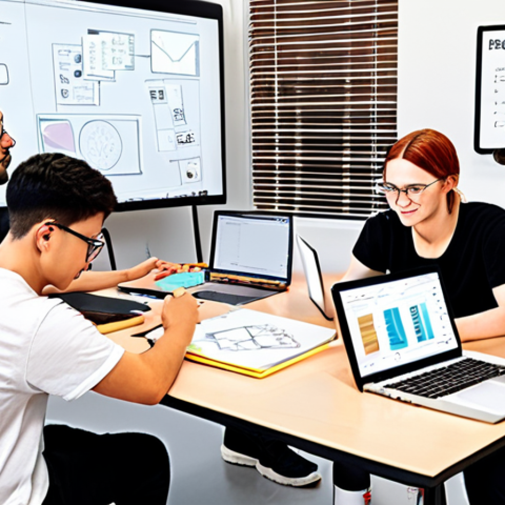 **

A diverse group of students collaborating around a table filled with design sketches, laptops displaying design software (e.g., Figma, Adobe XD), and textbooks. Emphasize teamwork, brainstorming, and a shared passion for product design.  A whiteboard in the background displays a "SMART Goals" list.  The setting is a modern, collaborative workspace or a well-lit library.  Style: Bright, energetic, and slightly stylized, like a digital illustration.

**