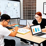 **

A diverse group of students collaborating around a table filled with design sketches, laptops displaying design software (e.g., Figma, Adobe XD), and textbooks. Emphasize teamwork, brainstorming, and a shared passion for product design.  A whiteboard in the background displays a "SMART Goals" list.  The setting is a modern, collaborative workspace or a well-lit library.  Style: Bright, energetic, and slightly stylized, like a digital illustration.

**