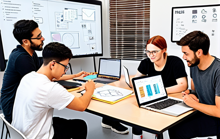 **
A diverse group of students collaborating around a table filled with design sketches, laptops displaying design software (e.g., Figma, Adobe XD), and textbooks. Emphasize teamwork, brainstorming, and a shared passion for product design. A whiteboard in the background displays a "SMART Goals" list. The setting is a modern, collaborative workspace or a well-lit library. Style: Bright, energetic, and slightly stylized, like a digital illustration.
**