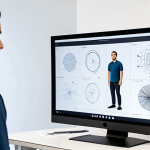 A professional product designer in modest business casual attire, standing in a bright, modern design studio. The designer is presenting a digital portfolio on a large screen, which displays intricate design process diagrams, early sketches, and wireframes. Physical product prototypes are visible on a nearby table, connecting the digital process to tangible results. The scene emphasizes strategic thinking and problem-solving, showcasing authenticity and resilience. Fully clothed, appropriate attire, safe for work, professional, perfect anatomy, correct proportions, natural pose, high quality, natural body proportions, well-formed hands, proper finger count.
