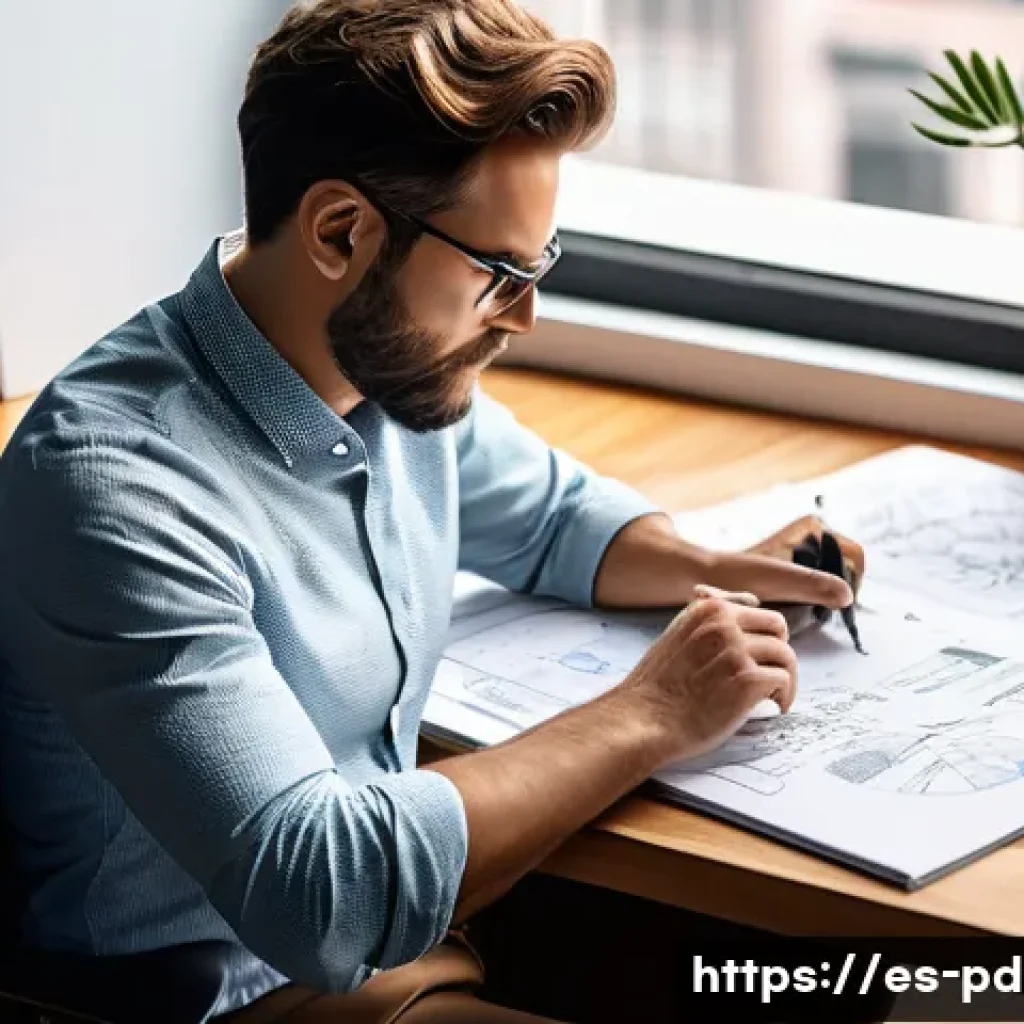 제품디자인 실기 시험 실패 사례와 개선 팁 - A professional product designer carefully analyzing a complex design brief in Spanish, sitting at a ...