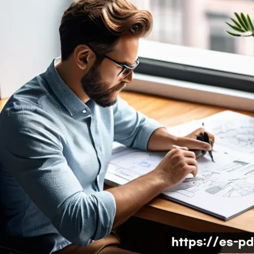 Home 7 제품디자인 실기 시험 실패 사례와 개선 팁 - A professional product designer carefully analyzing a complex design brief in Spanish, sitting at a ...