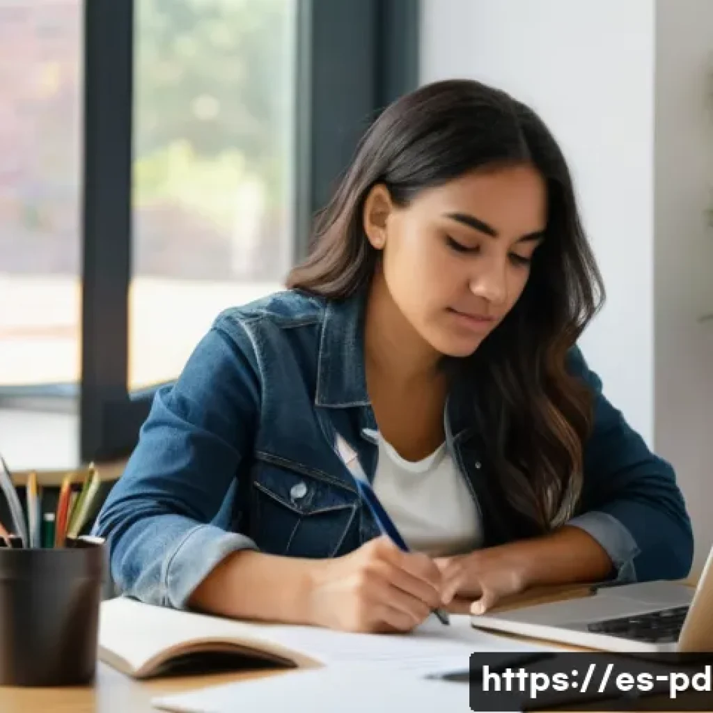 제품디자인 자격증 공부를 위한 시간 관리법 - A focused young adult Hispanic woman sitting at a clean, well-organized desk in a brightly lit room ...