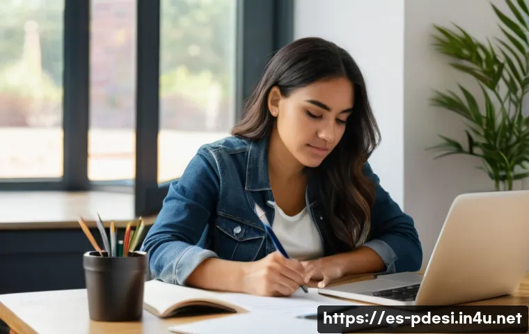 제품디자인 자격증 공부를 위한 시간 관리법 - A focused young adult Hispanic woman sitting at a clean, well-organized desk in a brightly lit room ...