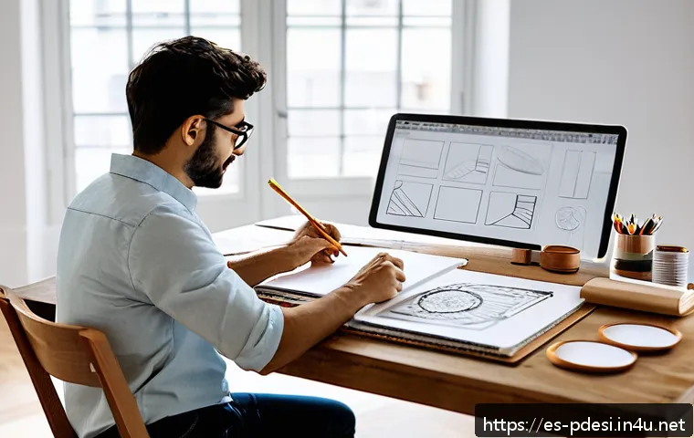 제품디자인 실기 시험에서 주의할 점 - A professional designer in a bright, modern Spanish studio, deeply focused on sketching product idea...
