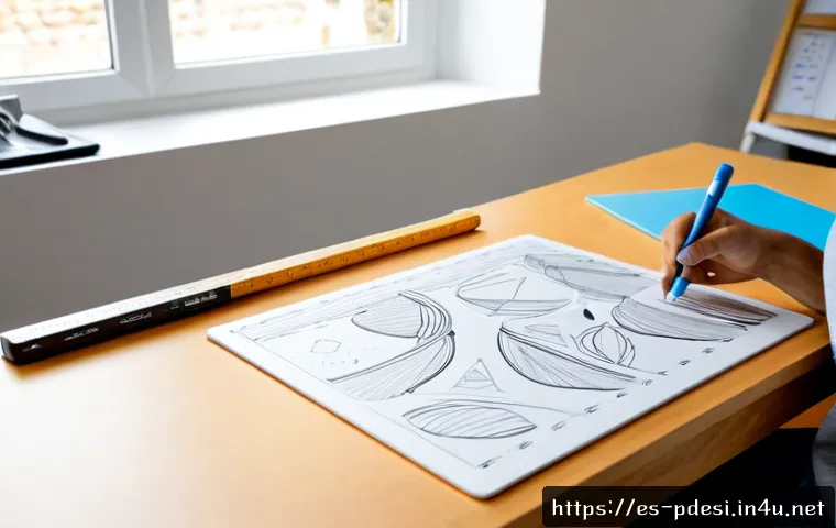 제품디자인 실기 시험 준비를 위한 팁 - Photorealistic product design exam preparation scene in a bright Spanish design studio, focused univ...